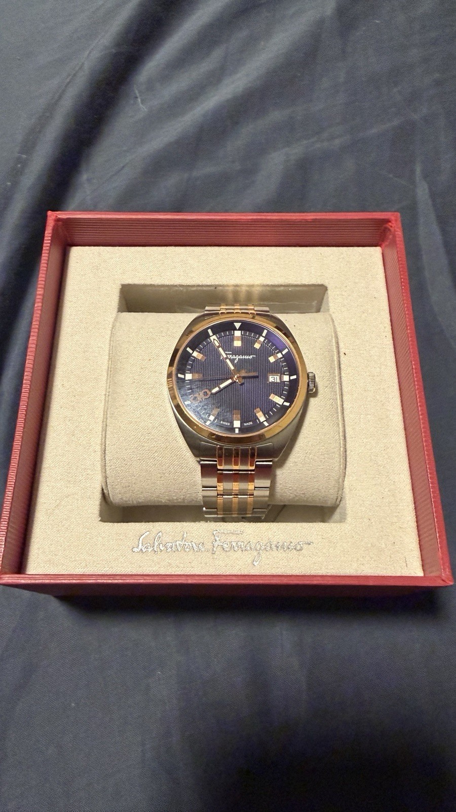 Ferragamo Evolution 40mm Blue face two-tone watch #25857B, With OG Box and Parts