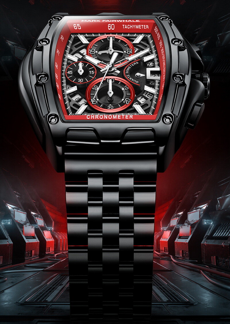 MARK FAIRWHALE Tonneau Multifunction Chronograph Calendar Luminous Quartz Watch