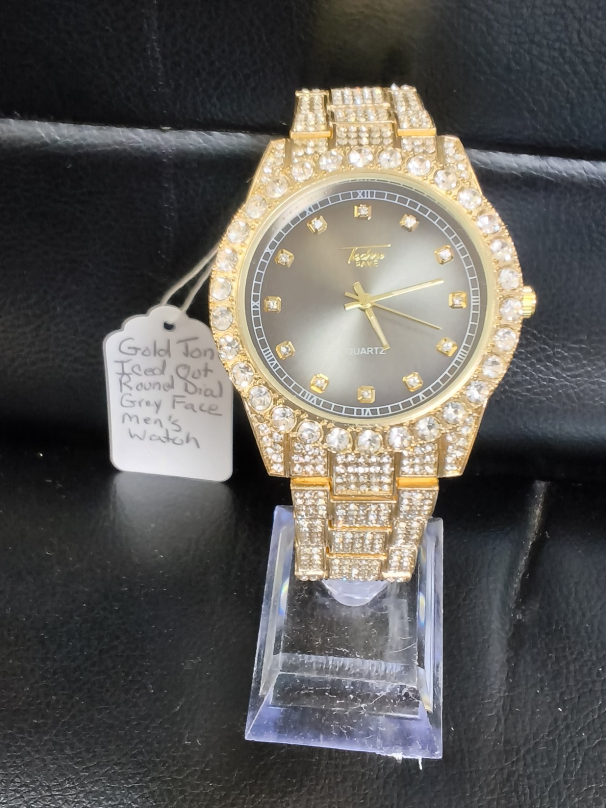 Techno Pave Gold Tone Iced Out Gray Dial Crystal Men’s Quartz Watch…