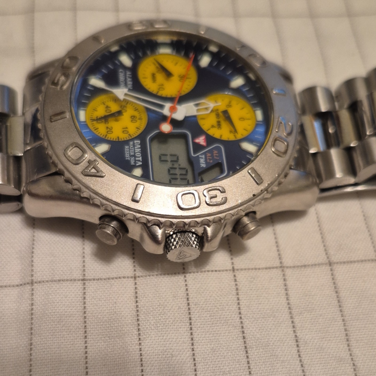 Dakota Alarm Chrono Blue Yellow Analog Digital Stainless Steel Sport Watch