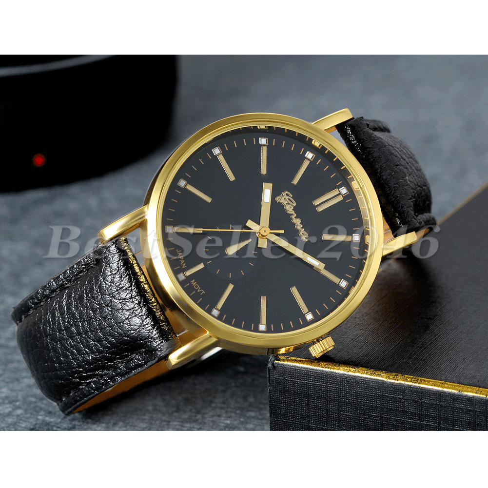 Classic Round Dial PU Leather Band Quartz Analog Wrist Watch Mens Womens Watch