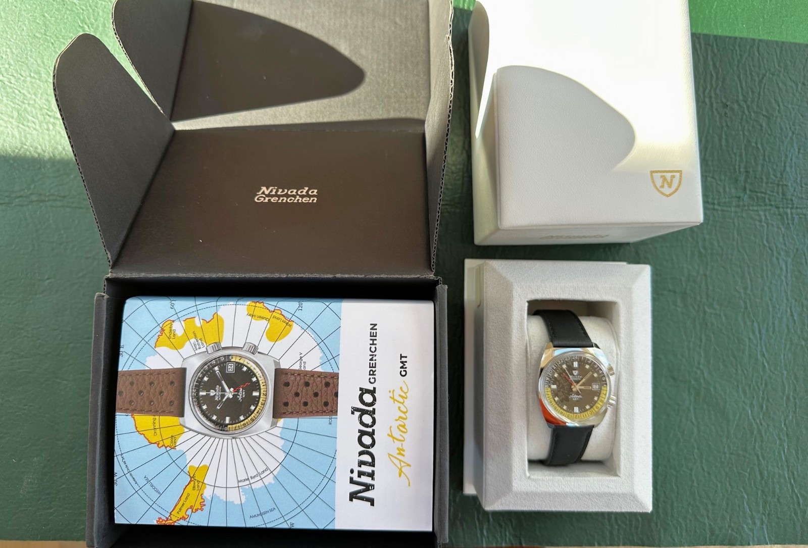 New Nivada Grenchen Antarctic GMT, Full Kit w/Case, Box, Papers, Tag