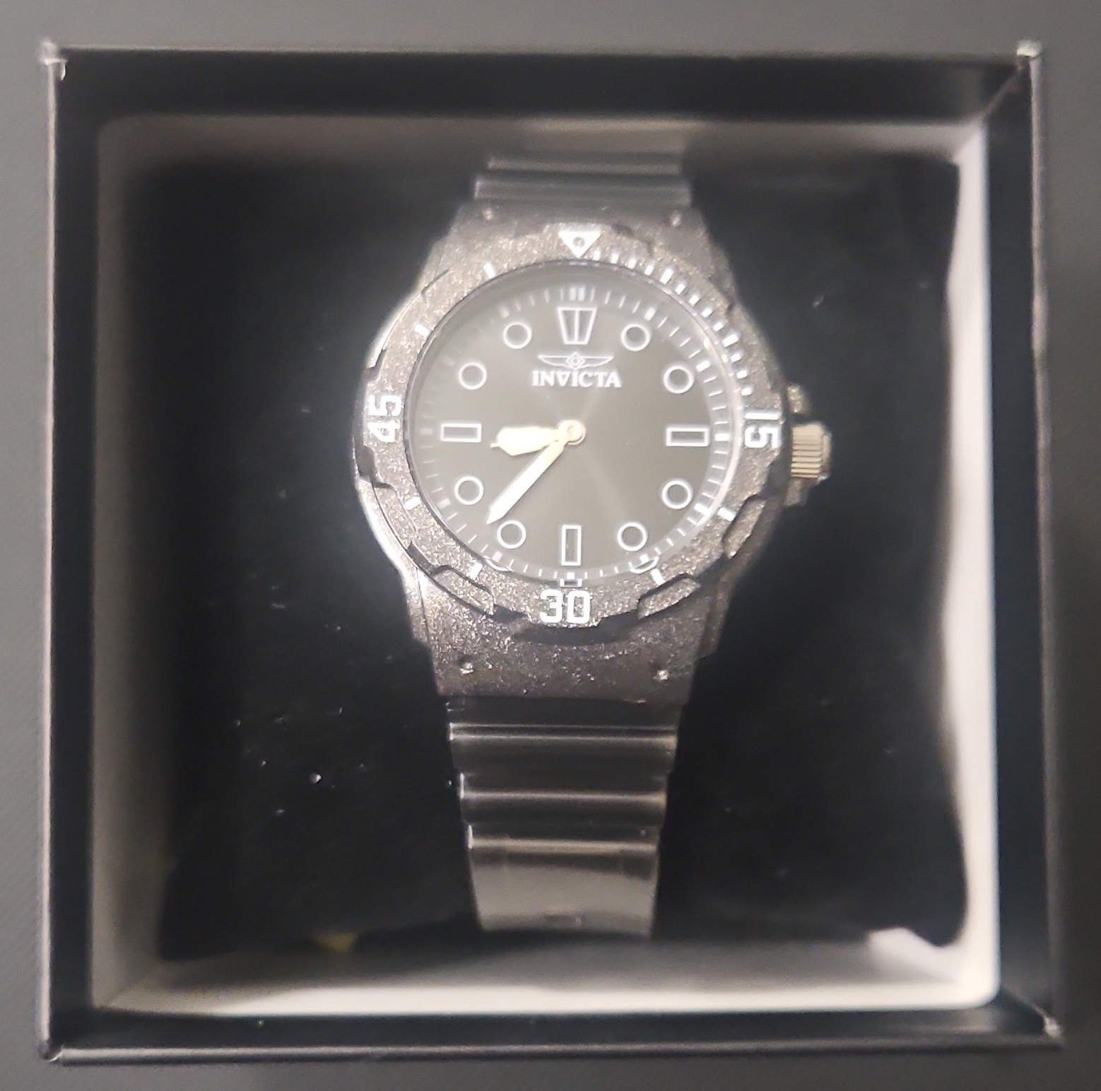Invicta Celestial Quartz Analog Watch Black Plastic Strap Black Dial Box