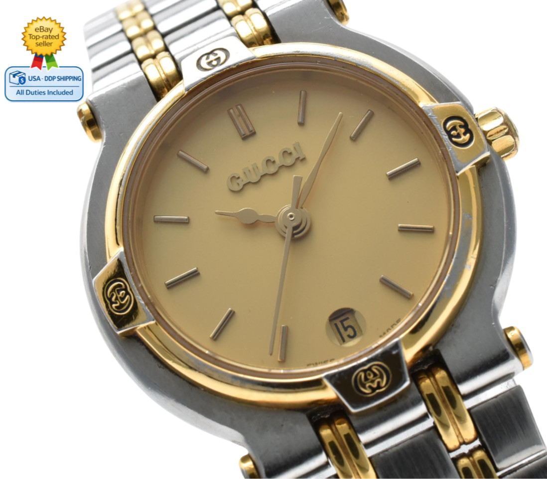 Vintage[Exc+5] Gucci 9000L Gold Dial Date Tow Tone 25mm Women’s Qz Watch