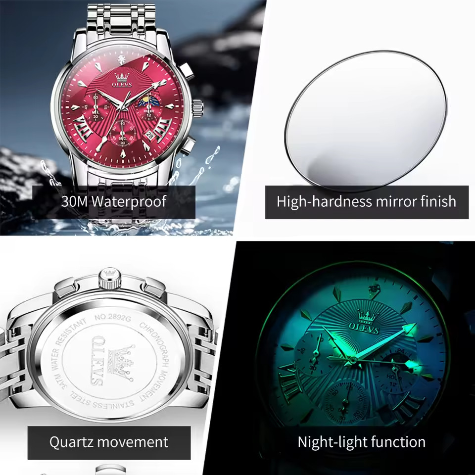 OLEVS 2892 Original Moon Phase Luminous Waterproof Quartz Watch For Men