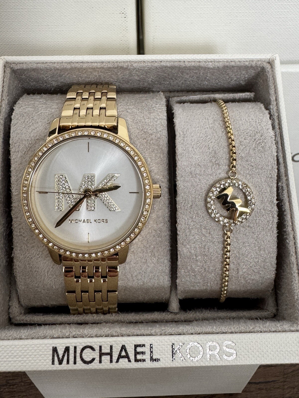 NEW Michael Kors Melissa Gold Crystal Watch & Slider Bracelet Set MK1051SET NWT