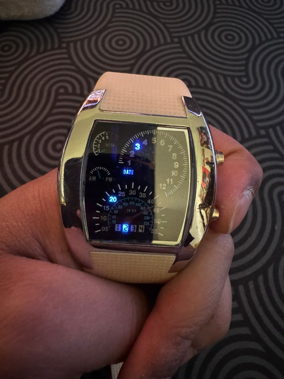digital watch off white rubber strap, buttons, led and silver frame