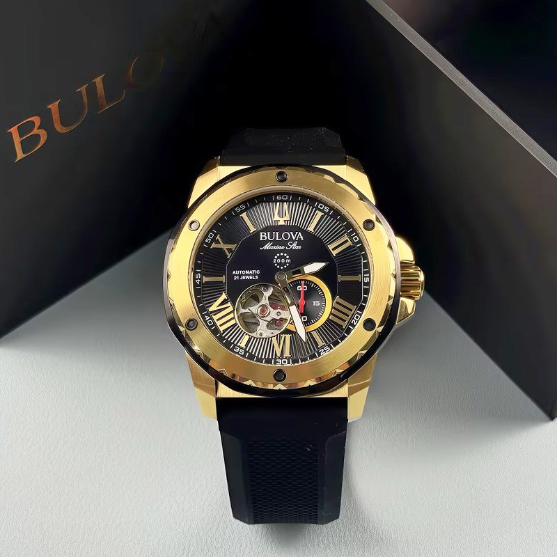 Bulova 98A272 Marine Star Automatic Men’s Watch Black Gold Dial Rubber Strap