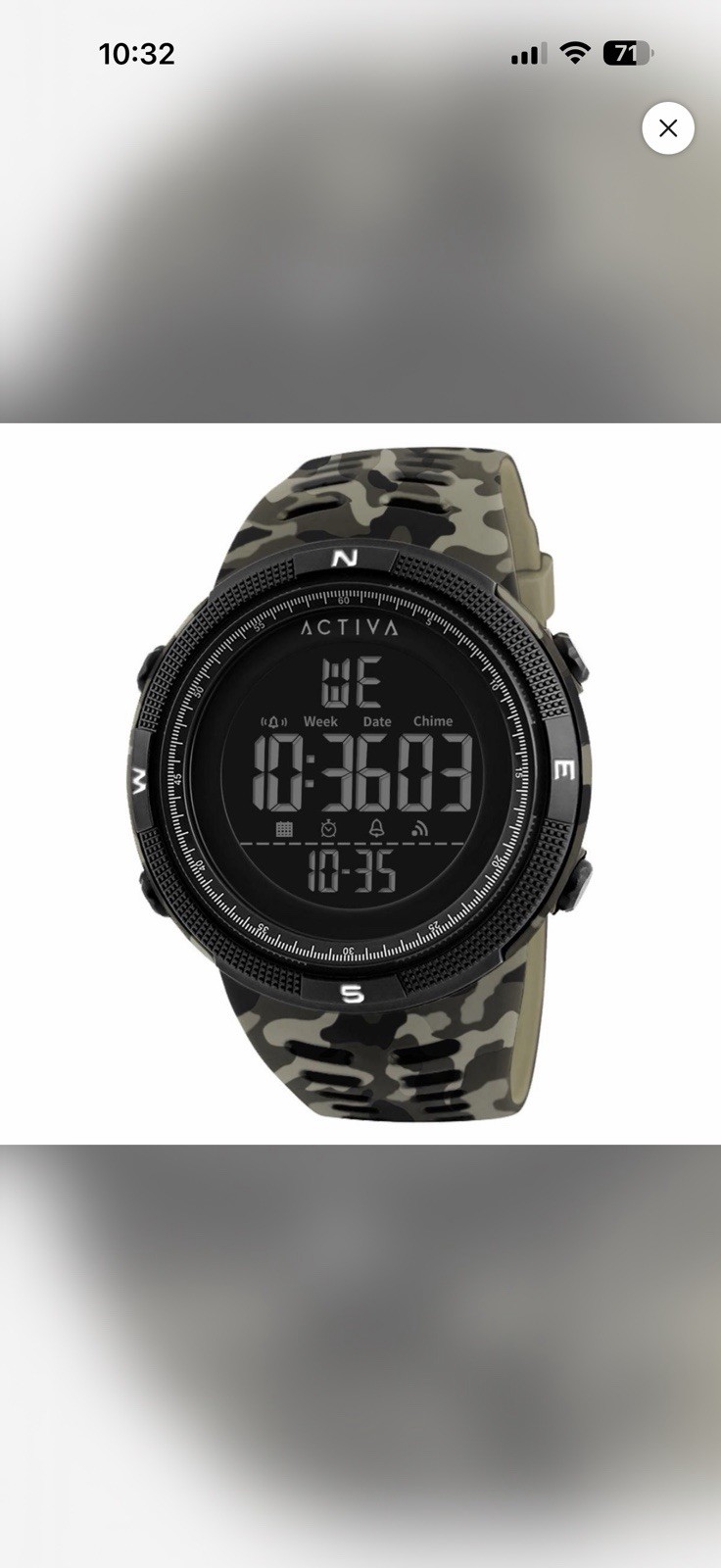 Activa Men’s Digital Quartz Watch, Camo Dial, Alarm Date Backlight, 30m