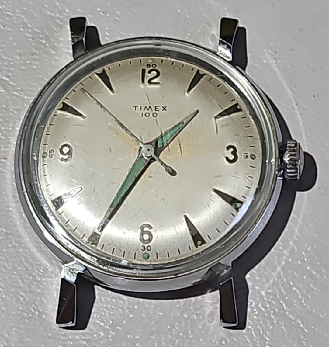 1958 Timex 100 Men Manual Wind Watch Chrome Plate Run/Stop Luminous Hands 10A58