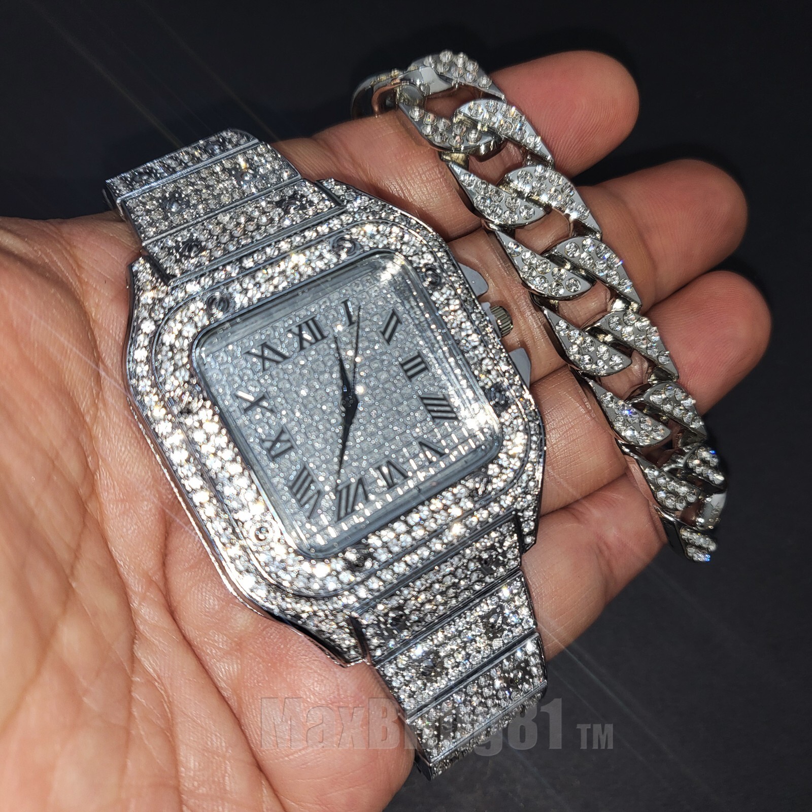 Men Square Watch Hip Hop Silver Simulated Diamond Full Iced Cuban Bracelet Gift