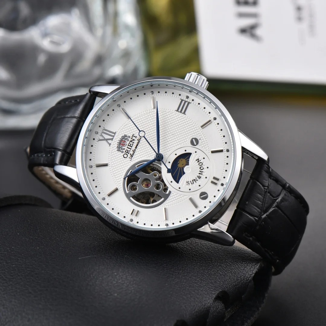 Orient Sun & Moon Automatic Watch – Semi‑Skeleton Dial, Luxury Men’s Mechanical.