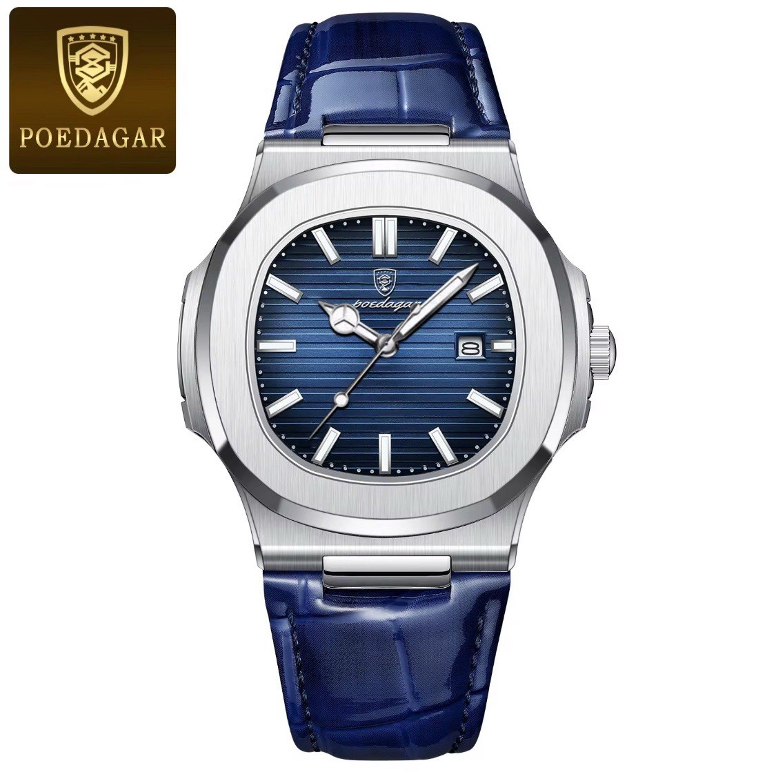 Poedagar 613 Men’s Analog Quartz Luminous Watch With Date Genuine Leather Blue