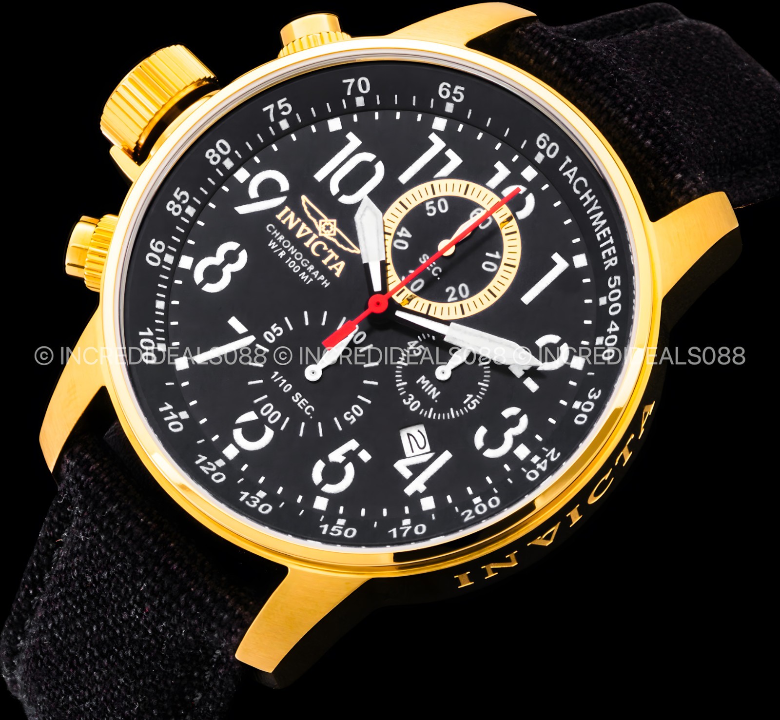 Invicta Men I FORCE LEFTY Chronograph GOLD BLACK Dial Nylon Strap 46mm Watch
