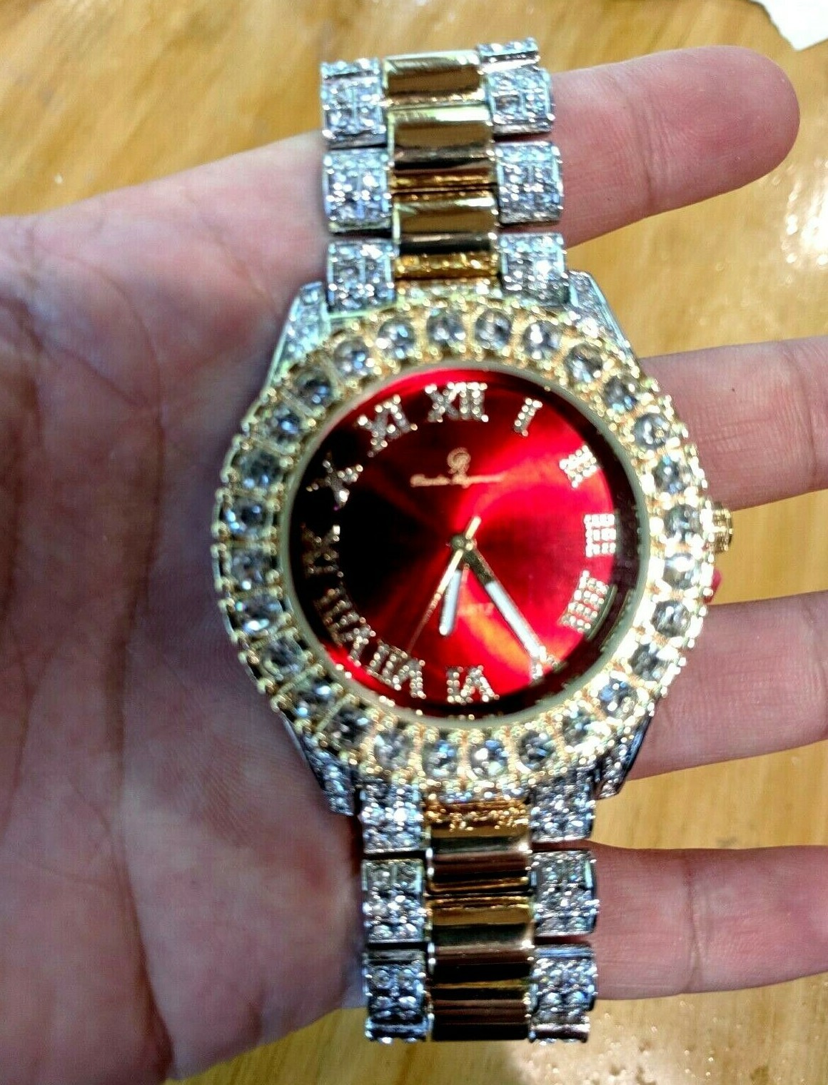 Gold Silver Iced Watch Bling Rapper Simulate Diamond Metal Band Luxury Cubic RED