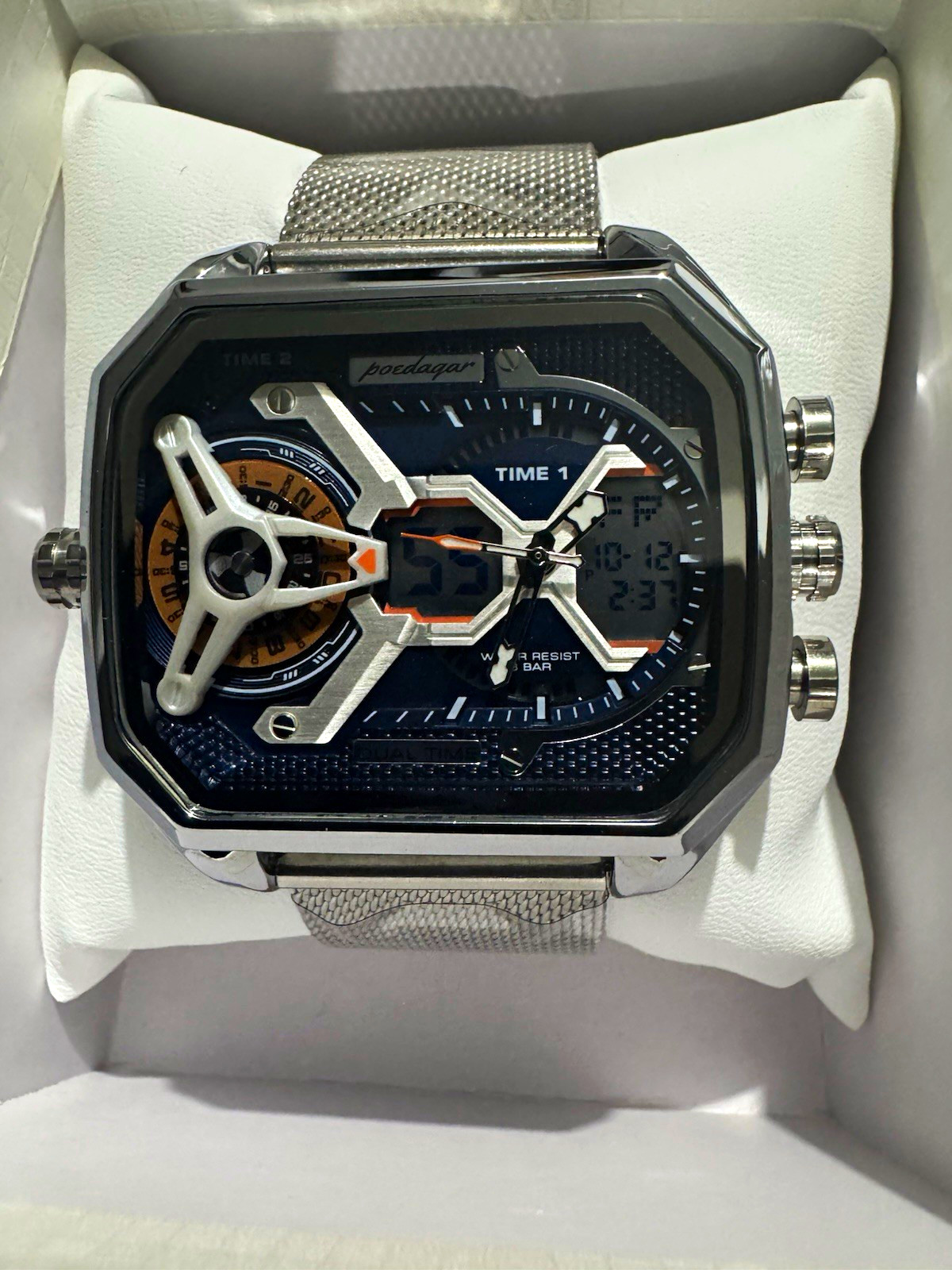 Poedagar Dual Time Quartz Analog-Digital Blue Dial SS Silver Bracelet 44mm case