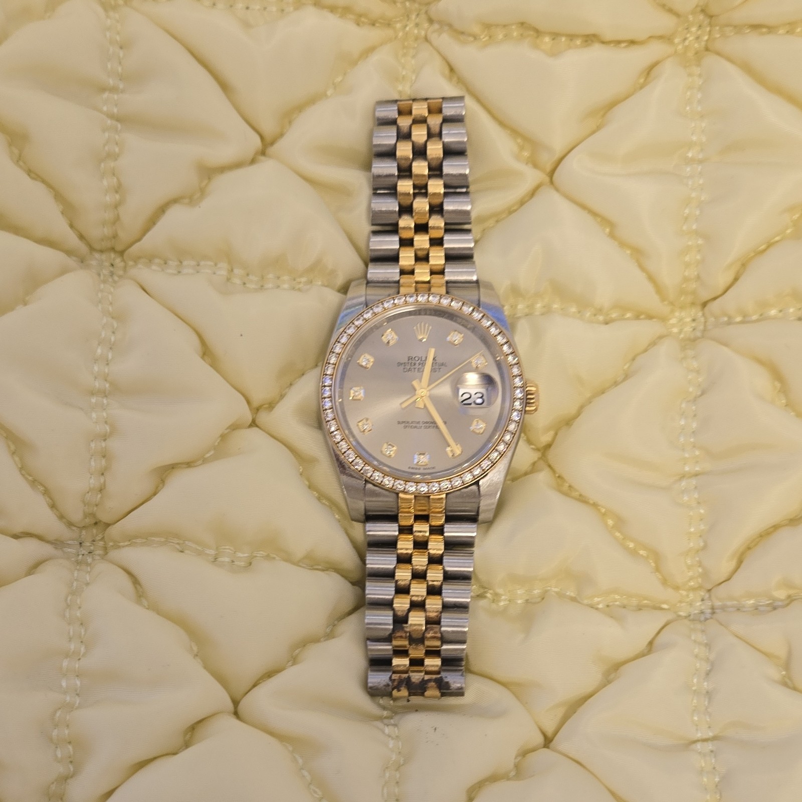 Rolex Datejust Men/Women Two-Tone Diamond Bezel/Numbers Silver Dial Auto Date
