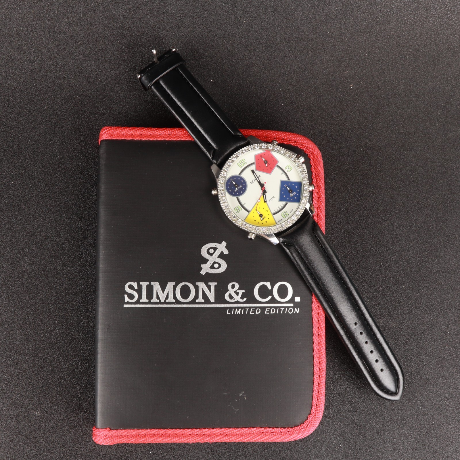 Simon & Co 5 Time Zone Watch Gift Set 55mm New Unused 5 Straps Bezels Tool bling