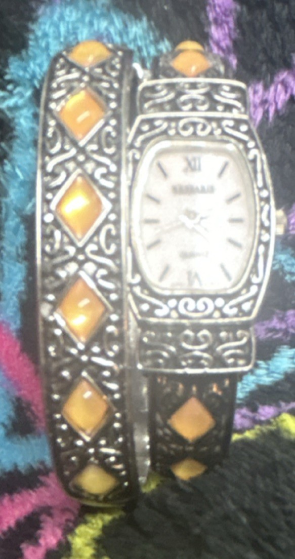 Vintage Women’s Silver Tone Bangle Quartz Analog Rectangle Watch Orange Accents