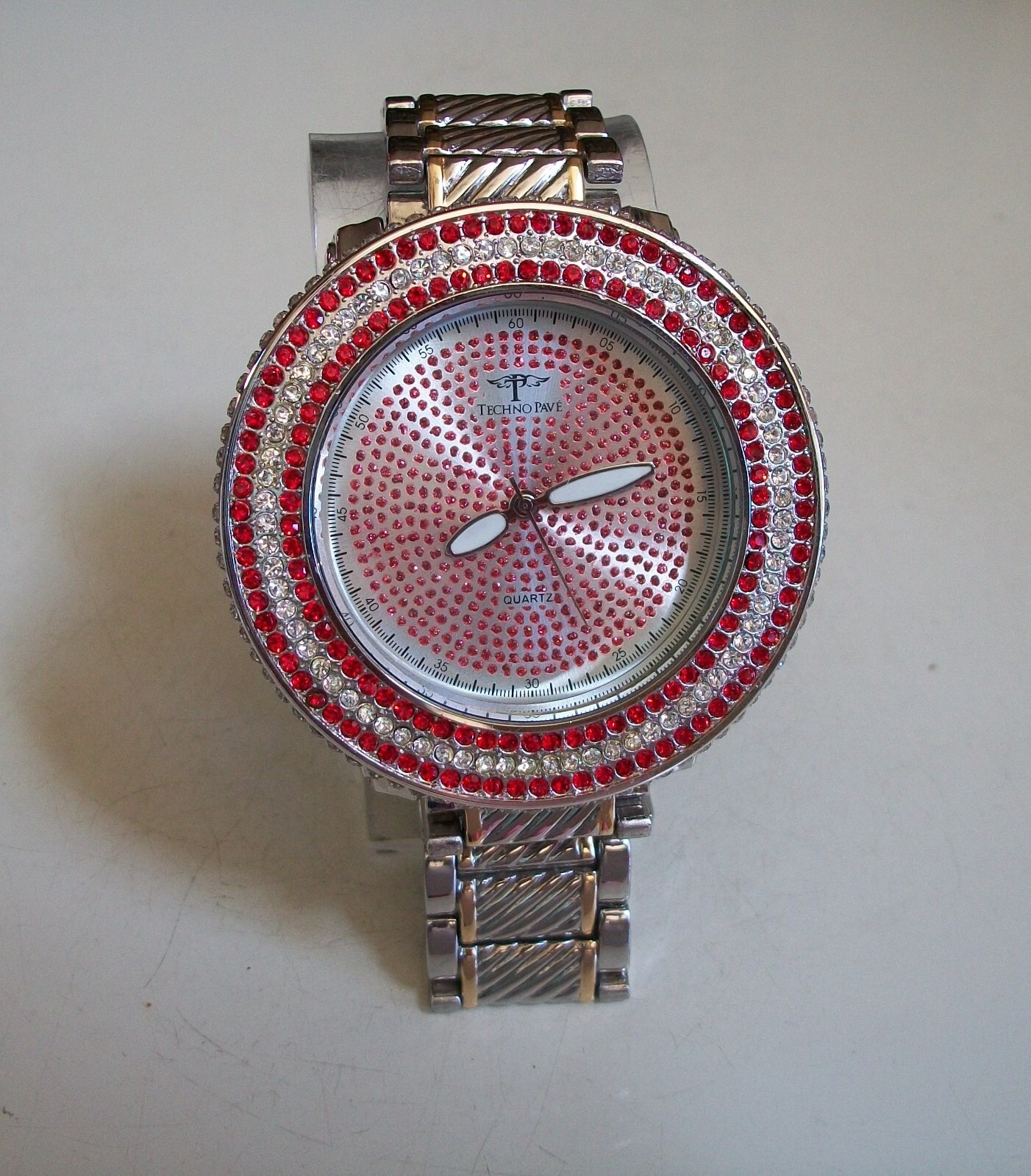 Men’s Gold & Silver Finish Clear & Red Bling Fashion Dress Up Party Watch