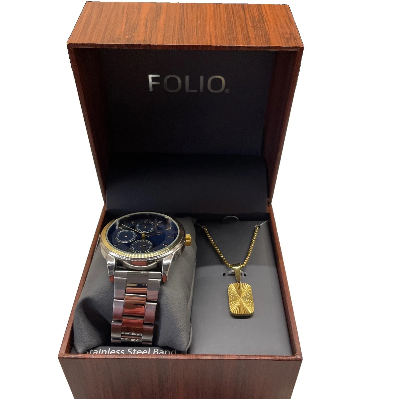 Folio Men’s Dress Wristwatch Silver with Gold Dial and Blue Face