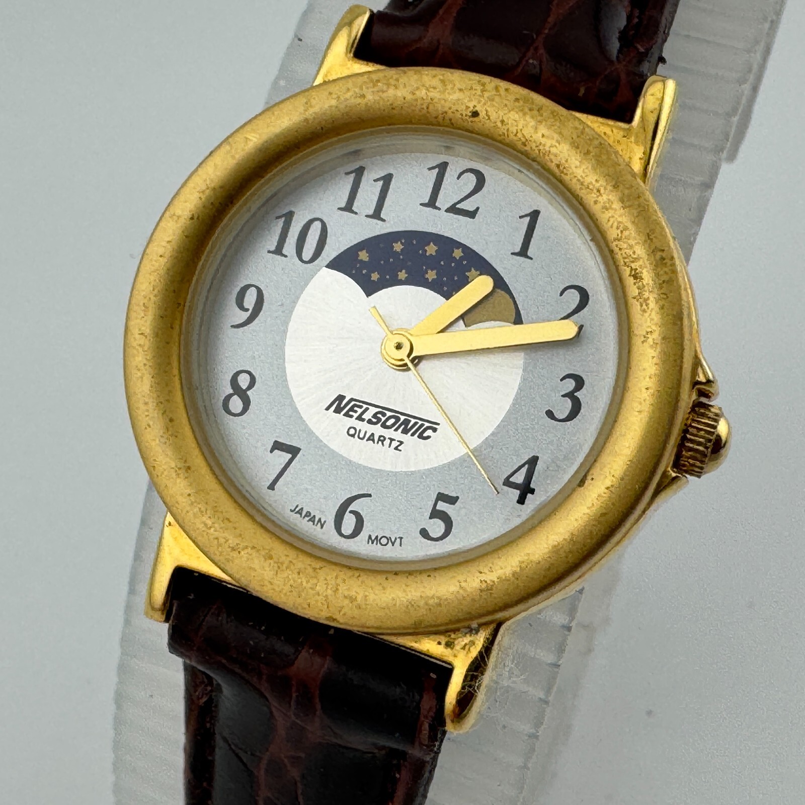 VTG Nelsonic Quartz Watch Women Moon Phase Gold Tone Leather Analog New Battery