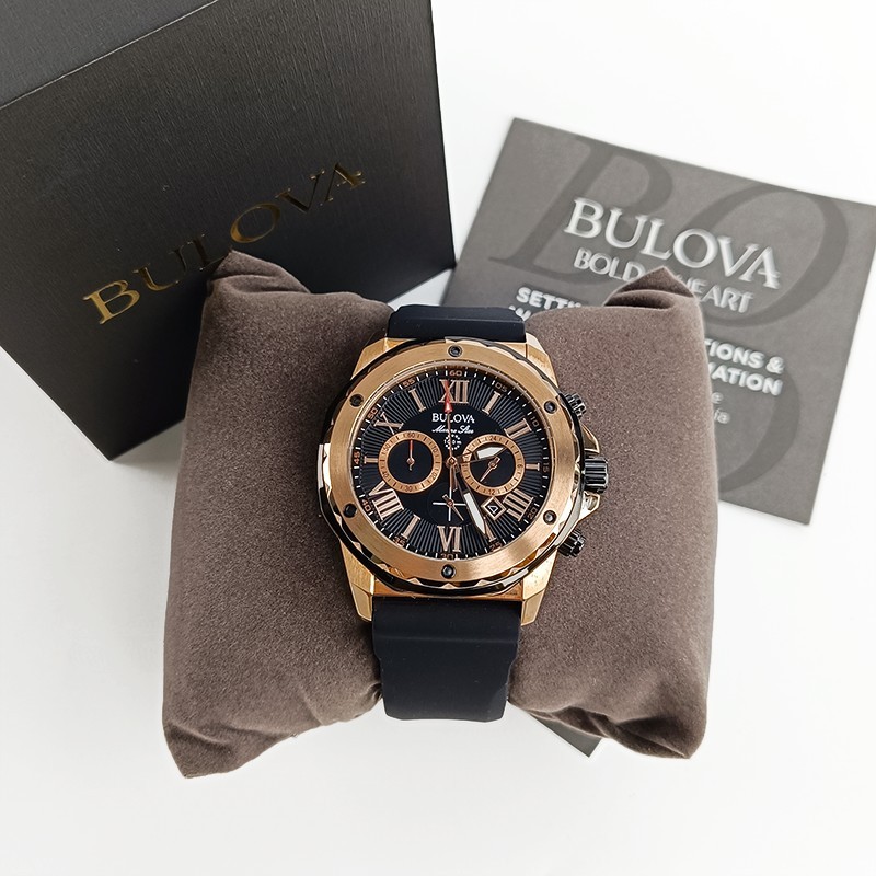 Bulova New Men’s 98B104 Black/Rose Gold Quartz Rubber Strap Watch 44mm
