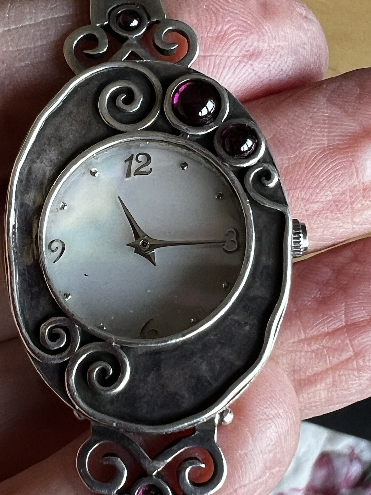 Gorgeous Or Paz Solid Silver Watch With Mother of Pearl Dial & Garnets