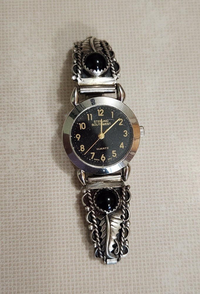 Sterling Southwest Wrist Watch with Sterling Silver and Onyx Band Tips