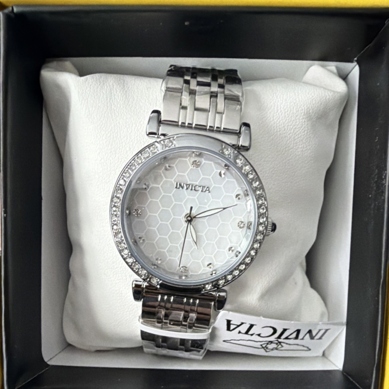 Invicta Women’s Silver Honeycomb Dial Wristwatch Gemstone Markers Crystal Bezel
