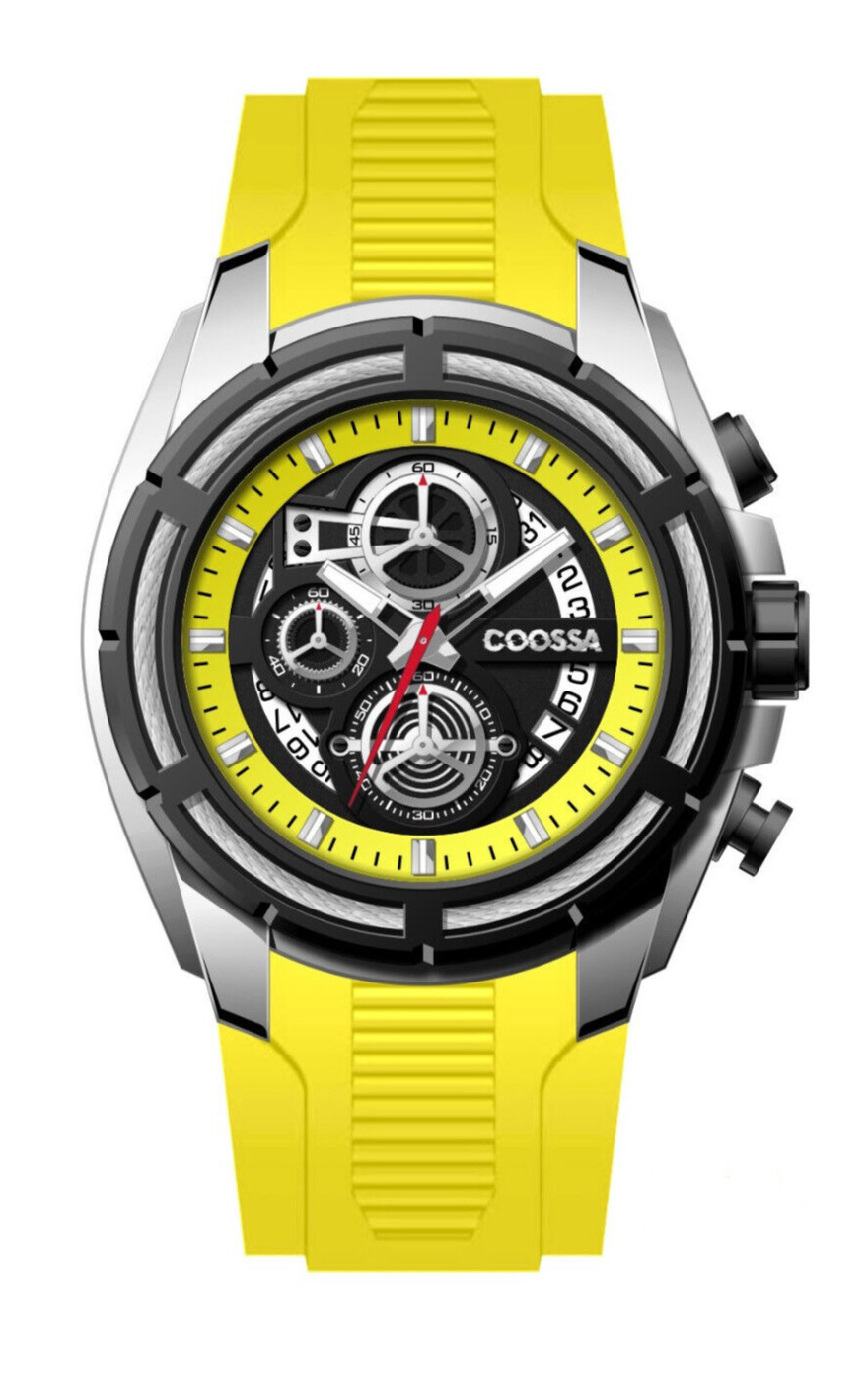 COOSSA ORIGINAL Men’s Chronograph Watch 48MM Case Yellow Silicone Band 30M WR