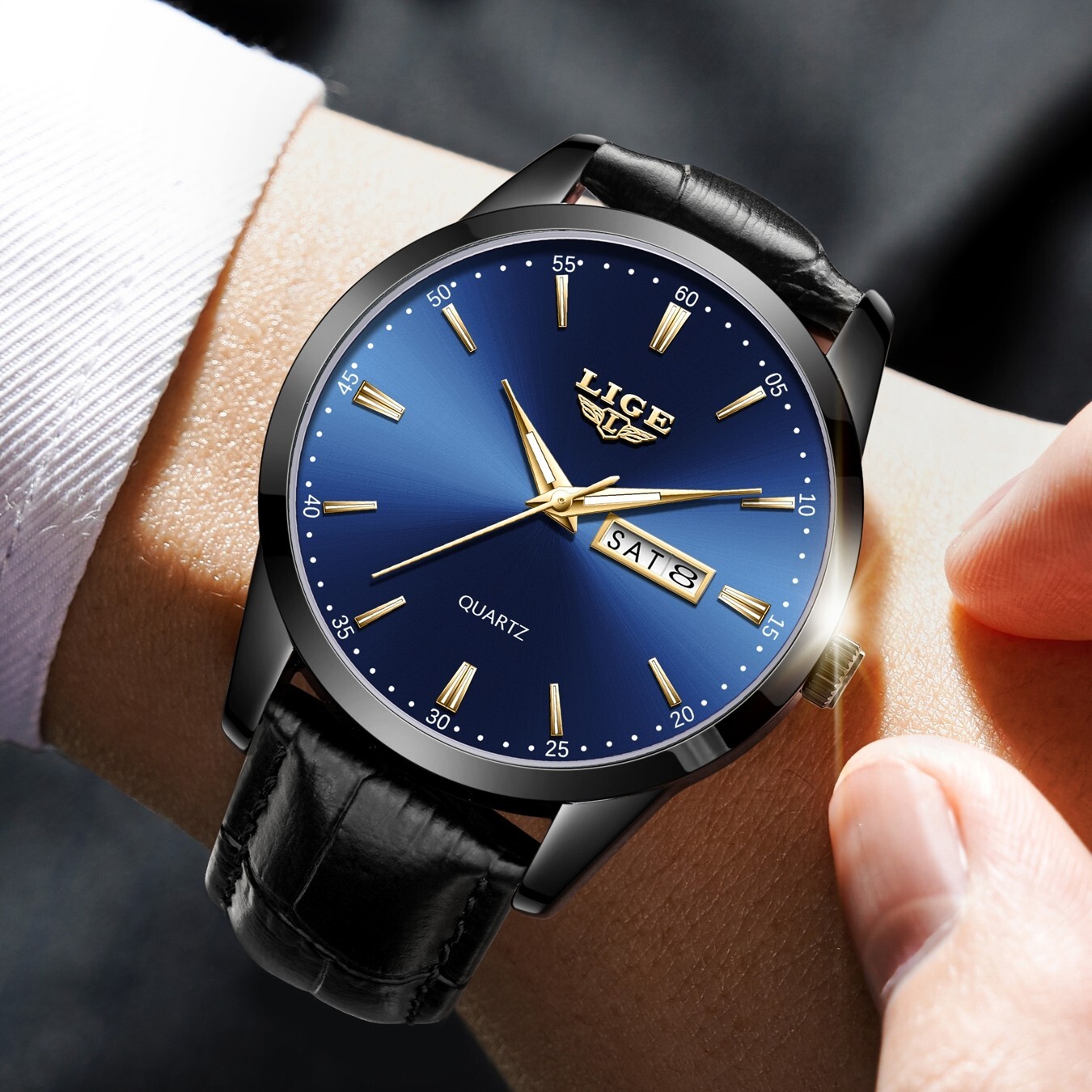 LIGE Men’s Watch Quartz Analog Luminous Date Waterproof Business Wristwatch+ Box