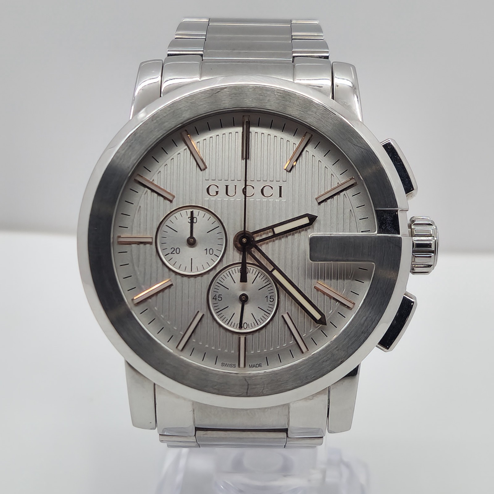 GUCCI G-CHRONO MENS $1820 SILVER ROSE GOLD ACCENTS CHRONOGRAPH WATCH YA101201