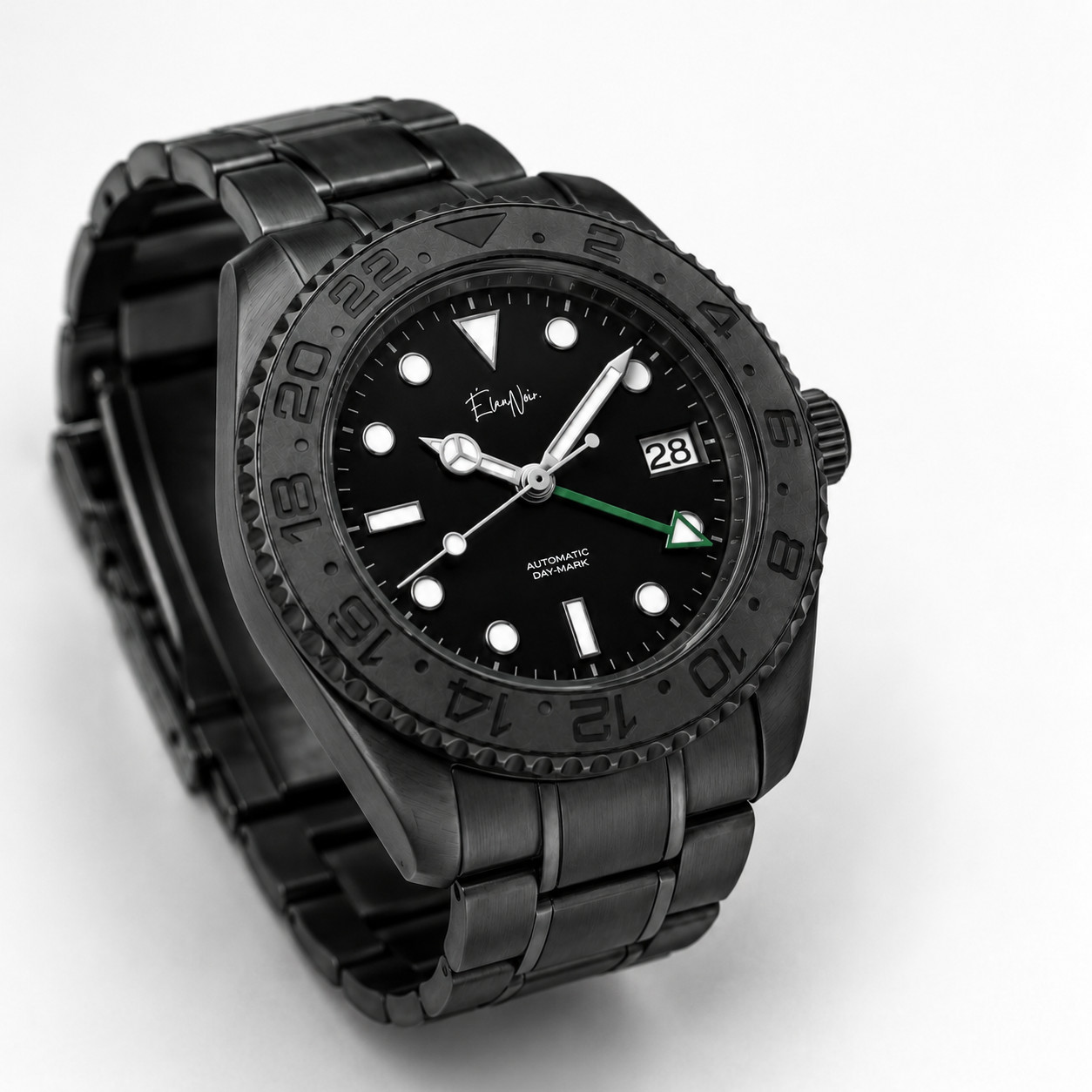 Élan Noir Automatic Day Date GMT Watch 41mm Black-Out NH35 Stainless Steel Green