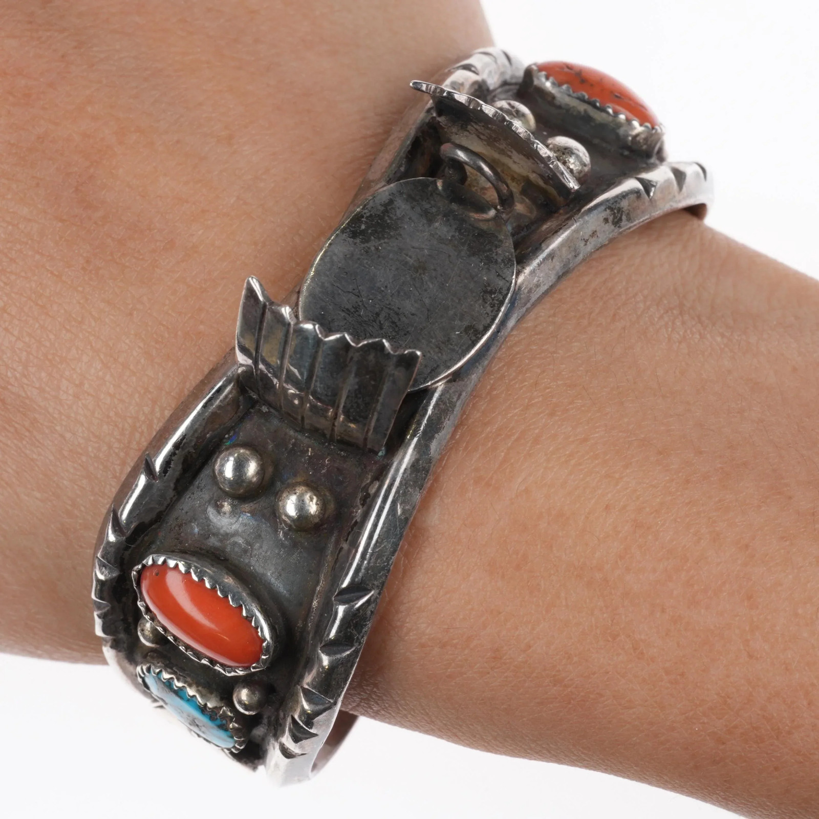 6.25″ Gilbert Ortega Navajo sterling silver-turquoise, coral watch cuff bracelet