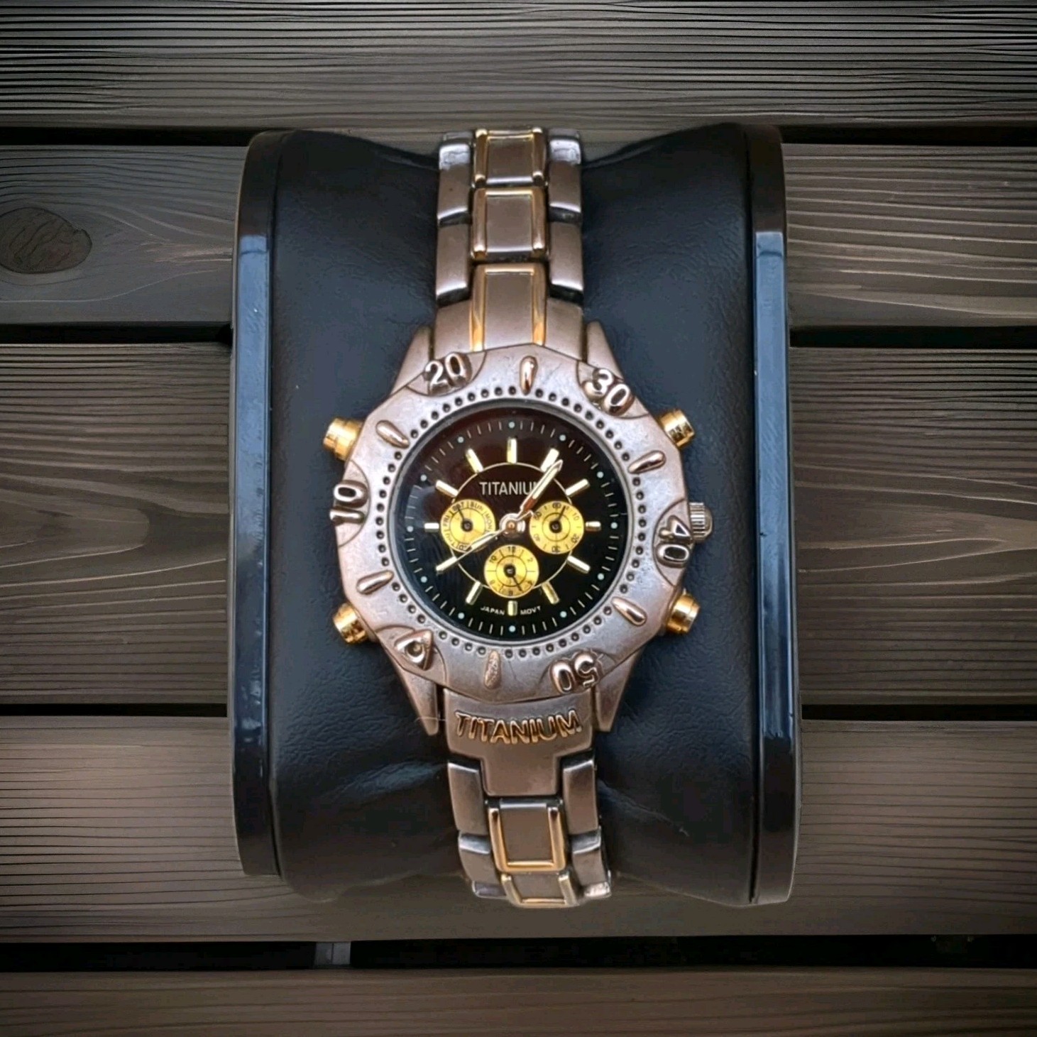 Titanium Men’s Two-Tone Chronograph Analog Wristwatch Black Dial Metal Bracelet