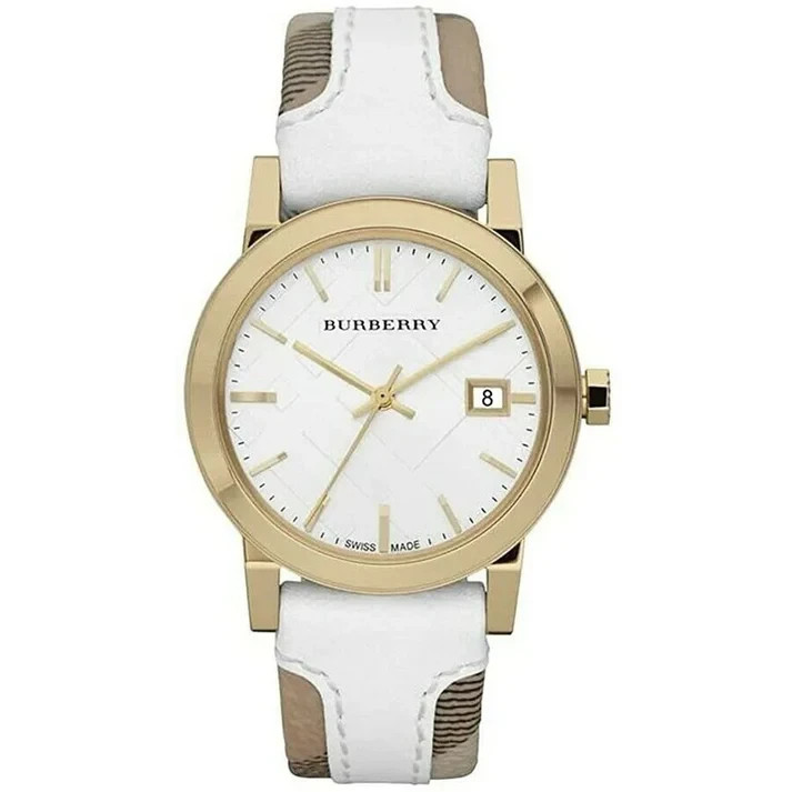 NEW BURBERRY LADIES BU9110 GOLD WHITE BEIGE LEATHER FABRIC STRAP – 2 Y WARRANTY