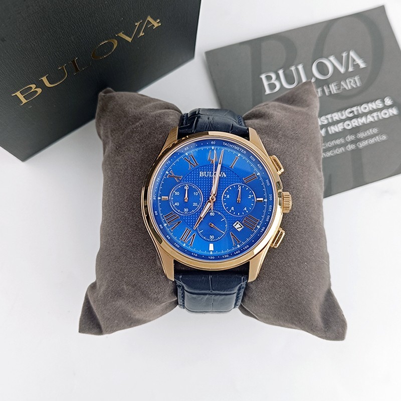 Bulova Wilton Blue Gold 97B170 Quartz & Chronograph Men’s Leather Watch 46.5mm