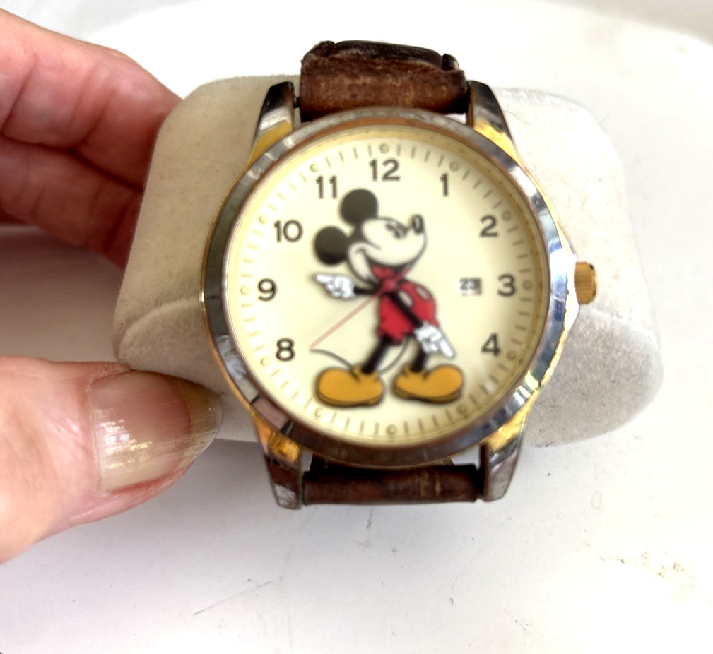 Adult Fit Mickey Mouse Watch, Date Window, Brown Leather Band, New Battery & Ban
