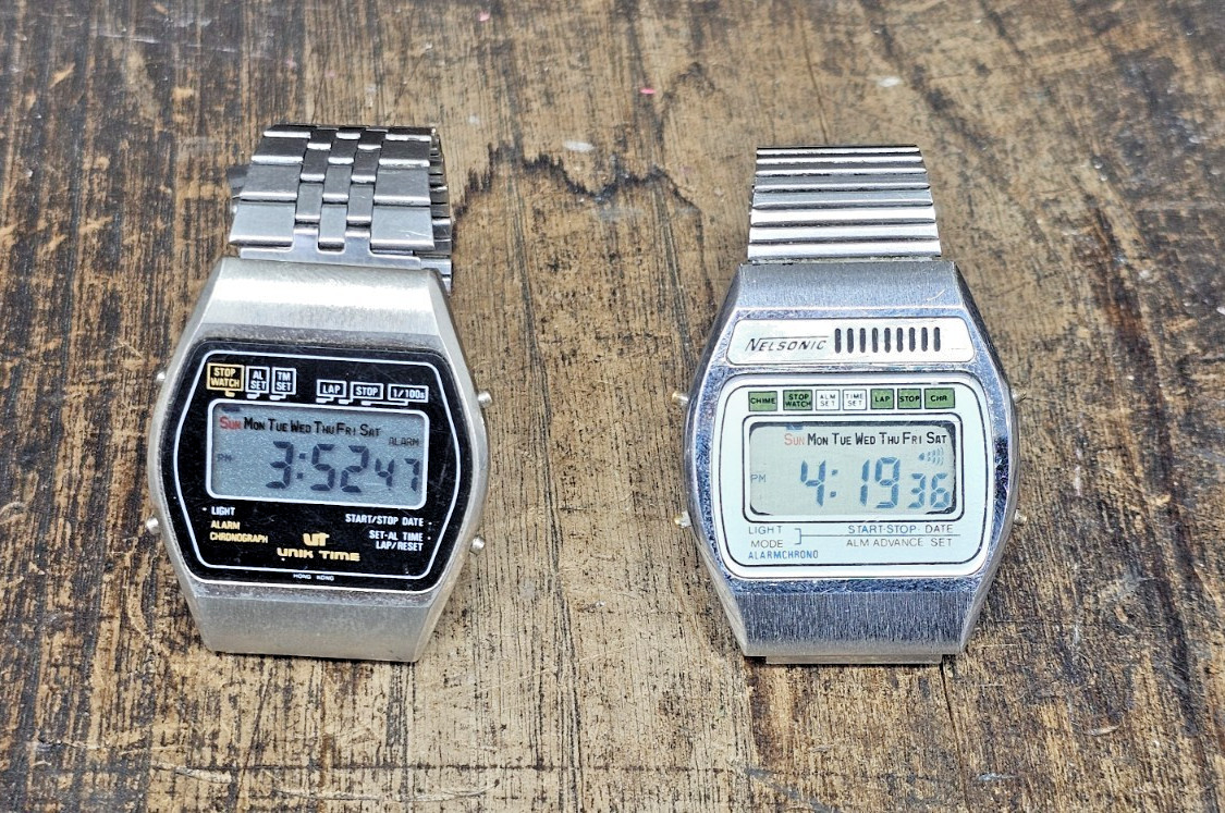 Lot of 2 Digital Men 80’s Watches Nelsonic & Unik Time New Batts Working *Repair