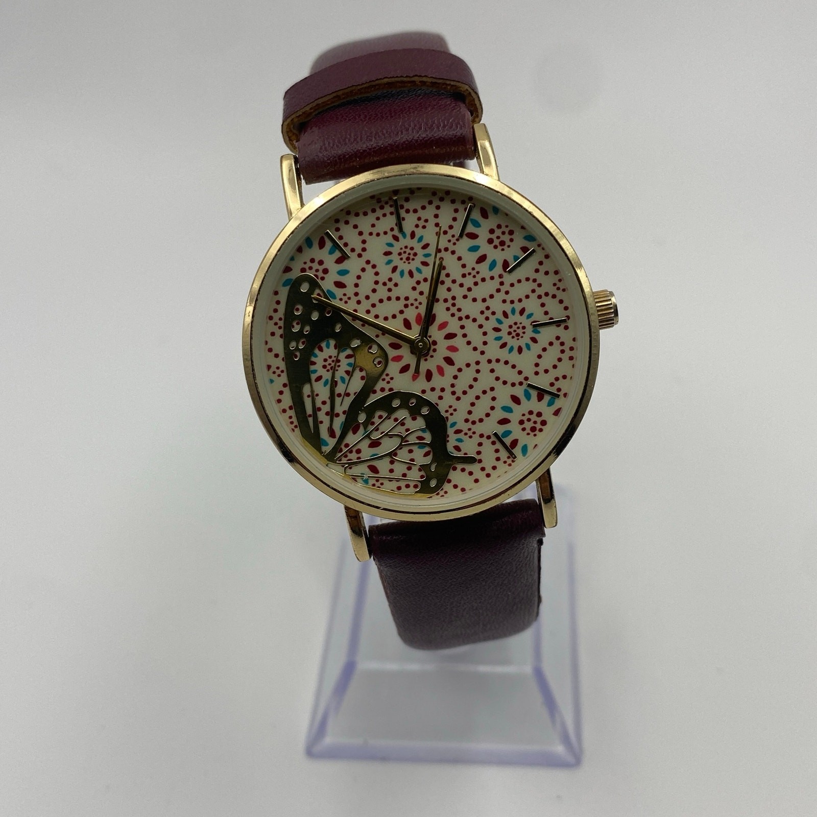 Elegant Butterfly Dial Analog Watch with Maroon Band