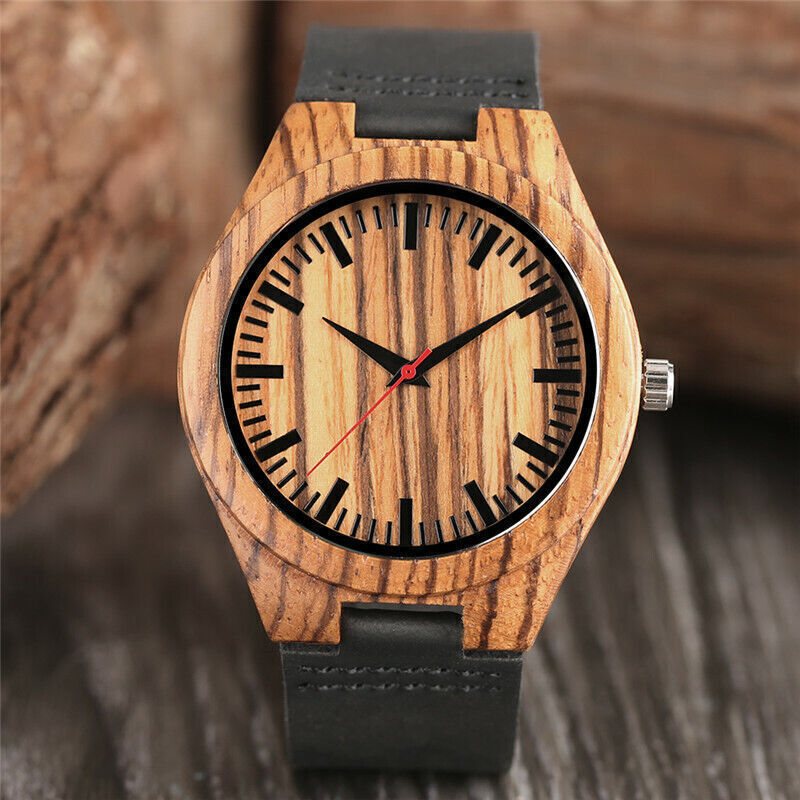 Minimalist Natural Wood Men’s Bamboo Quartz Wrist Watch Leather Band Strap Gift