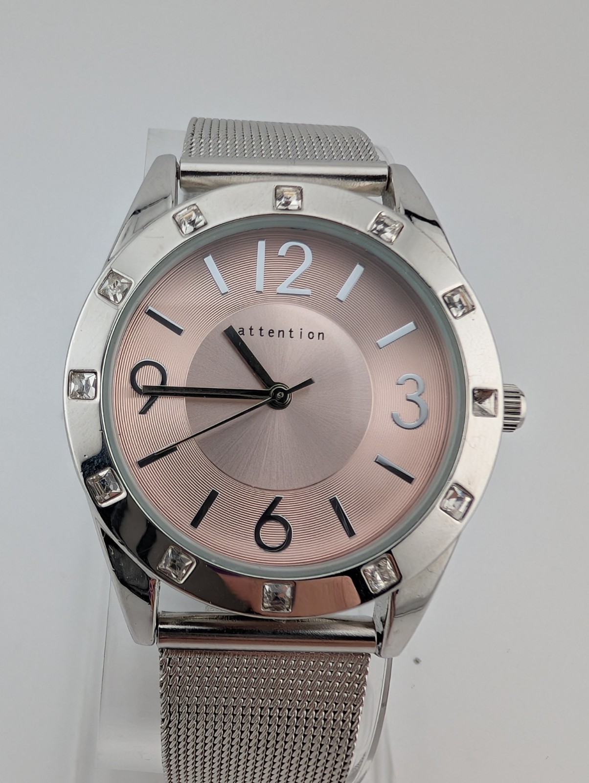 Attention Watch Women 35mm Case Silver Adjustable Mesh Metal Band- New Battery