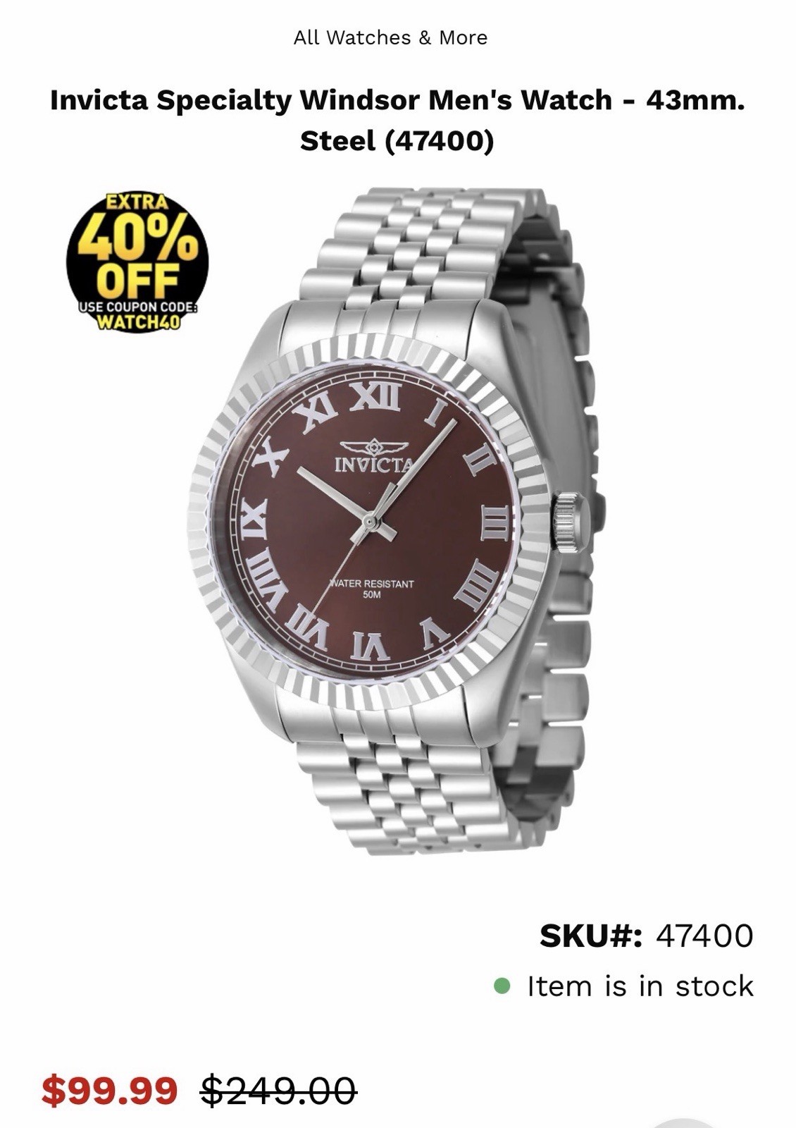 Invicta Specialty Windsor Men’s Quartz Watch 43mm Brown Dial 50m Box