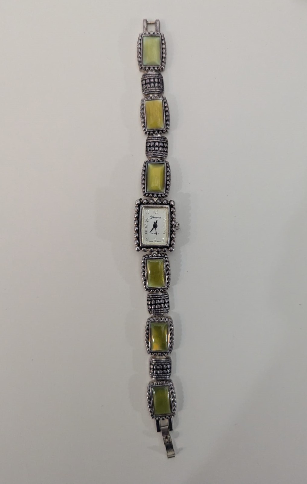 Geneva Ladies Quartz Watch Rectangular Case Green Stone Link Bracelet
