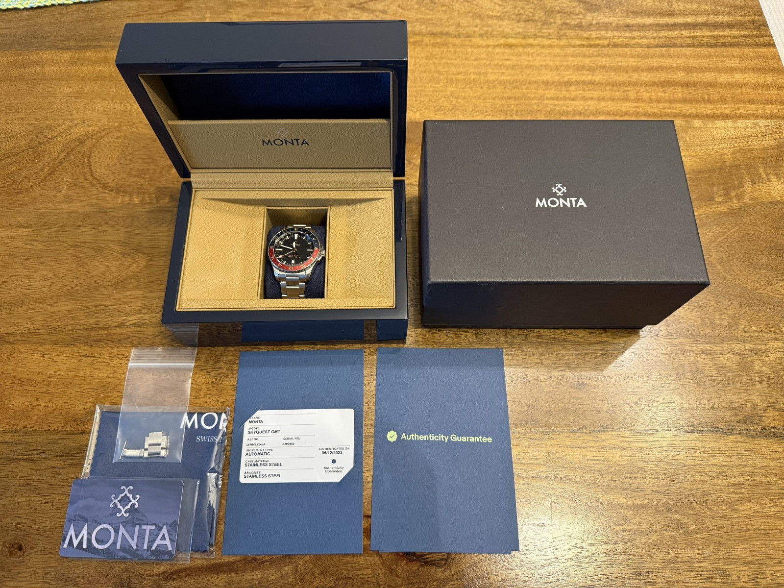 MONTA Skyquest GMT Gen 1 Limited Ed Blue/Red Bezel Black Dial Full Kit + Papers