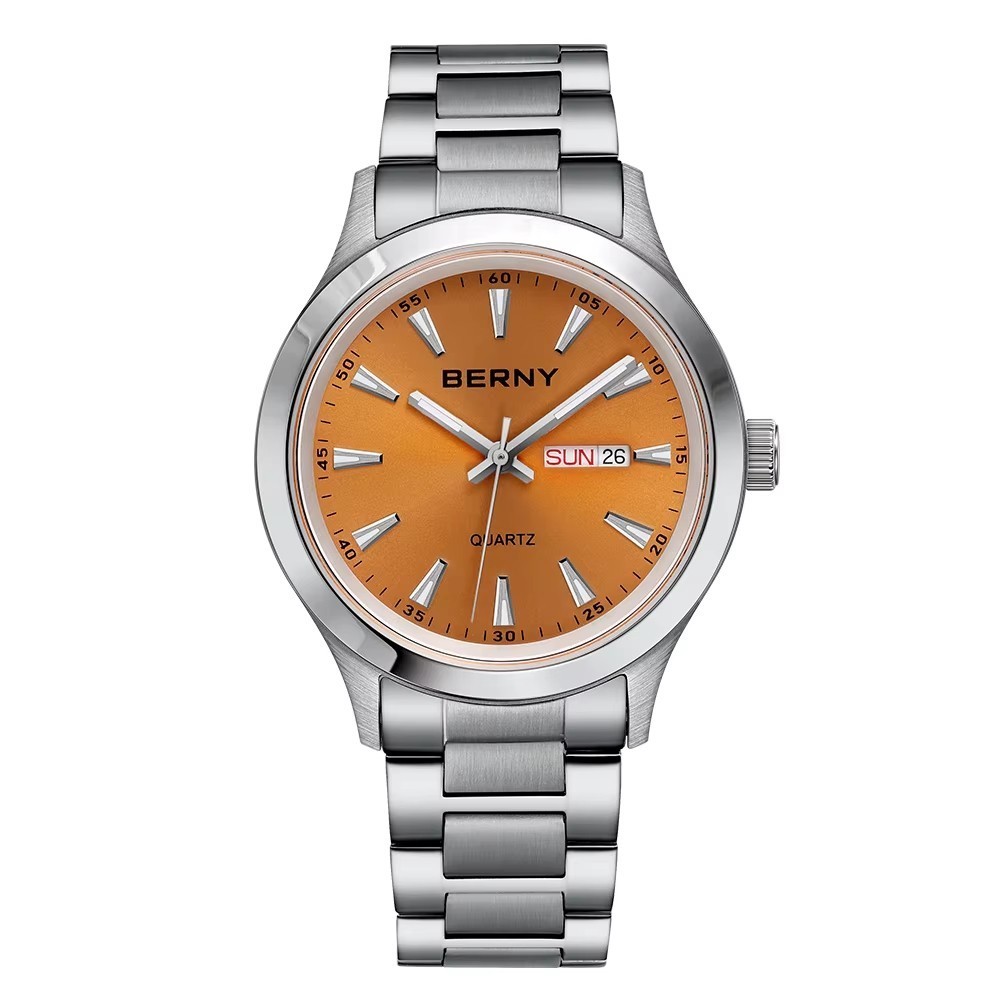 44MM BERNY Quartz Men’s Luxury Watch Diver 30M Waterproof Luminous Stainless NEW