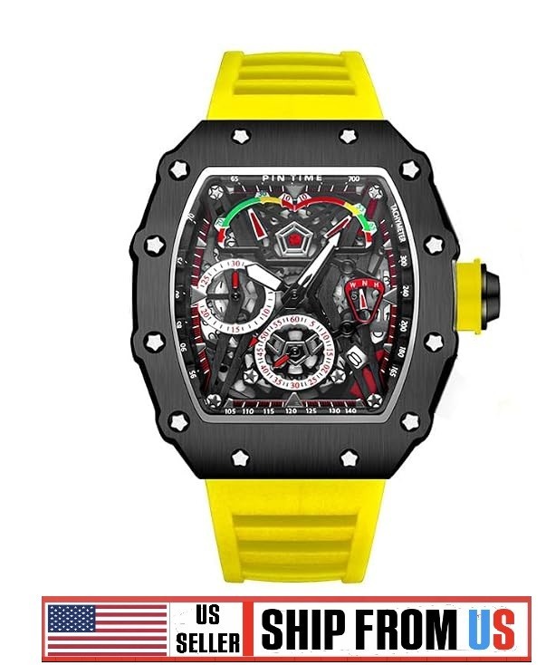 FENSIR Mens Black Analog Dial Skeleton 43MM Waterproof Quartz Designer Watch NIB