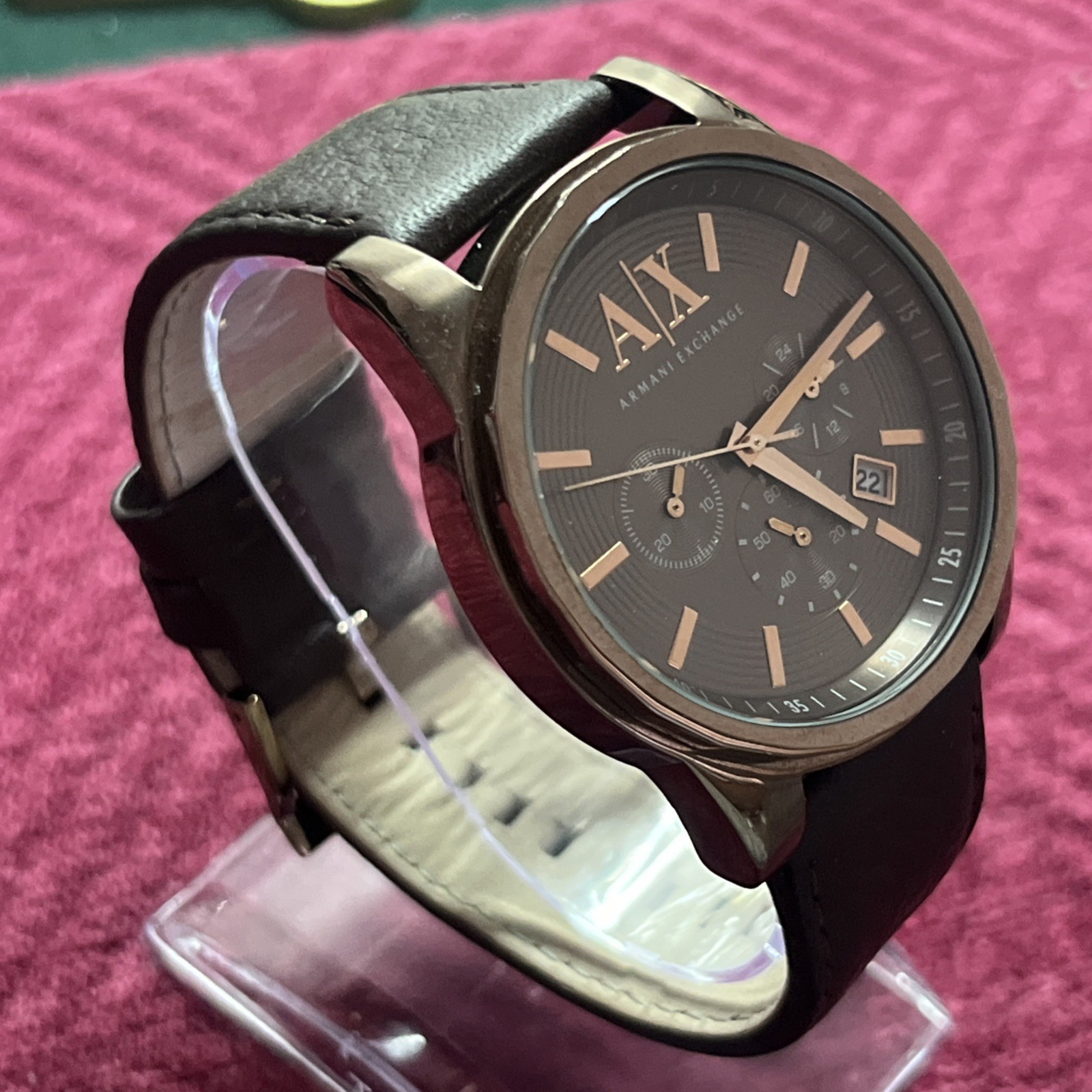Watch Chronograph Dark Brown Leather Strap 45mm Ax2090