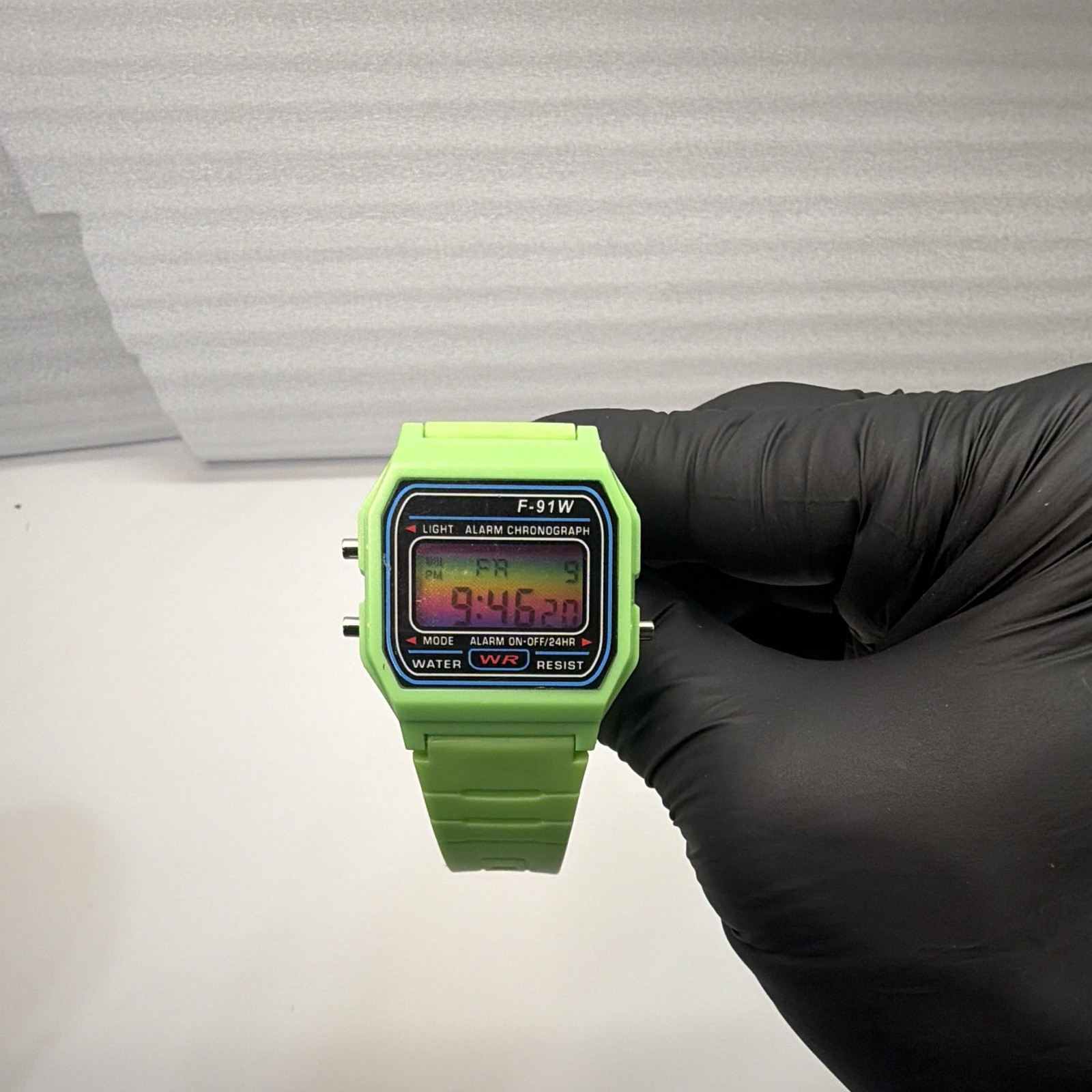 F-91W “Electric Oasis” – Lime Green Mod | Multicolor Sunset Gradient Lens